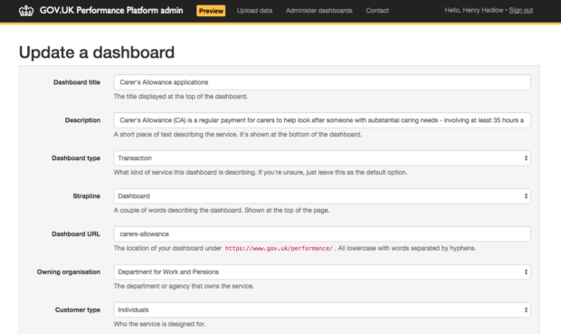 Performance Platform admin app – update a dashboard