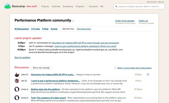 The new Peformance Platform community on Basecamp