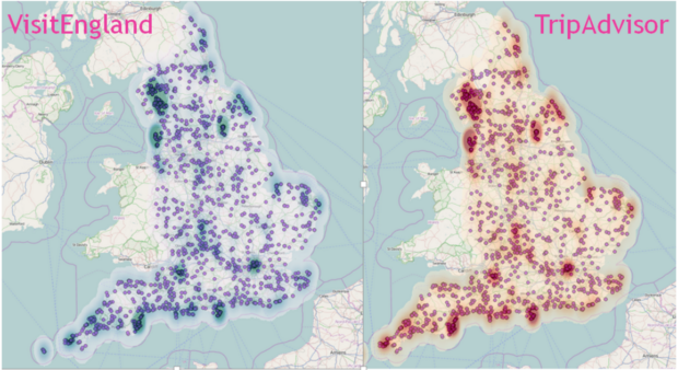 VisitEngland map compared to TripAdvisor map showing density of sites across England