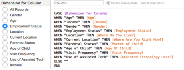 Screenshot of a parameter next to screenshot of code to link measures with parameter choice