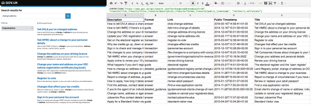 Search results and API spreadsheet