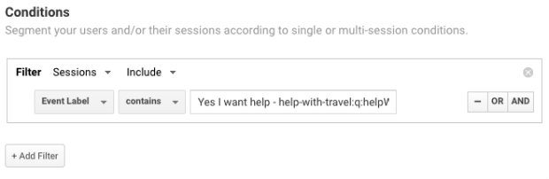 Segment on question 'Yes I want help - help with travel. Using our recommended method you can create segments based on answers to questions like this