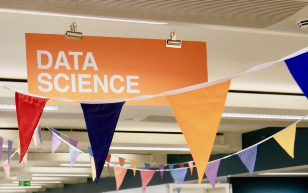 Banner hanging from the ceiling saying 'Data Science'