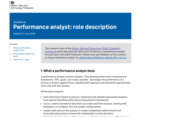 A screen shot of tthe performance analysis role description on the DDaT website