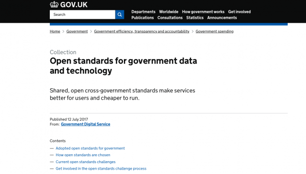 A screenshot of the GOV.UK open standards website with the heading 'Open standards for government data and technology' and a description of the site: 'Shared open cross-government standards make services better for users and cheaper to run'.