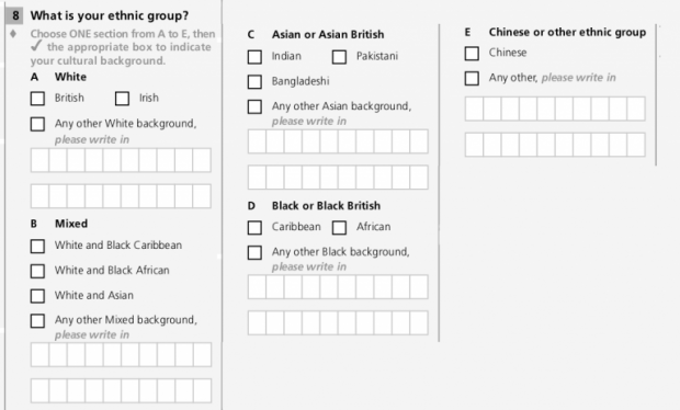 A close-up of 2001 Census form, showing the 'what is your ethnic group?' question and the 16 possible answers