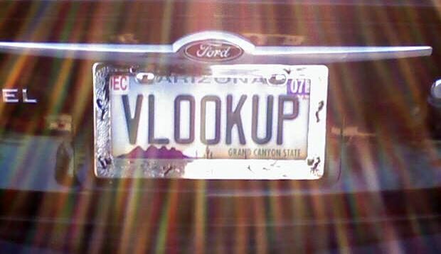 A US numberplate with the letters 'VLOOKUP'