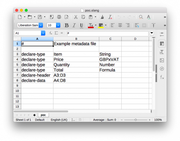 an example metadata file included within a spreadsheet, e.g. the declare-type for Quantity is Numbe