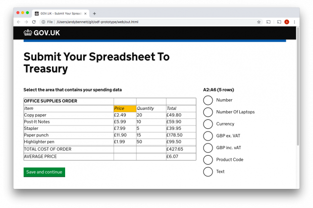 A mock-up of a service that allows a user to upload a spreadsheet and describe the data within it e.g. data type is number or currency.