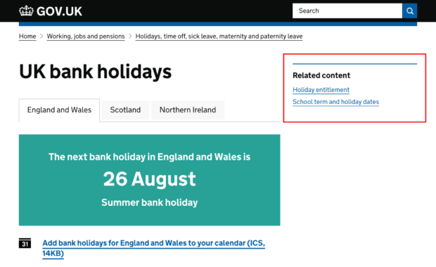 Image showing the UK bank holiday page on GOV.UK, with a right side panel showing two related content links, namely “Holiday entitlement” and “School term and holiday dates”