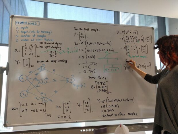 An analyst writing the equations for back progagation of a neural network on a whiteboard