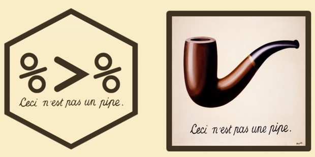 An image of the magrittr logo (%>%, or a pipe in R), cmpared to Magritte's The Treachery of Images (a pipe)