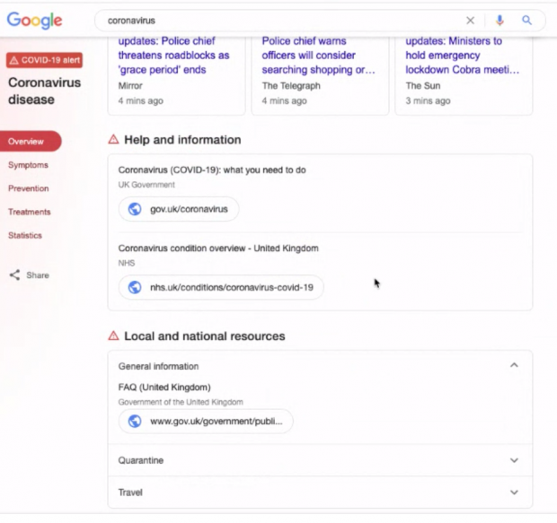 screenshot of a Google search for 'coronavirus' showing GOV.UK content in the results