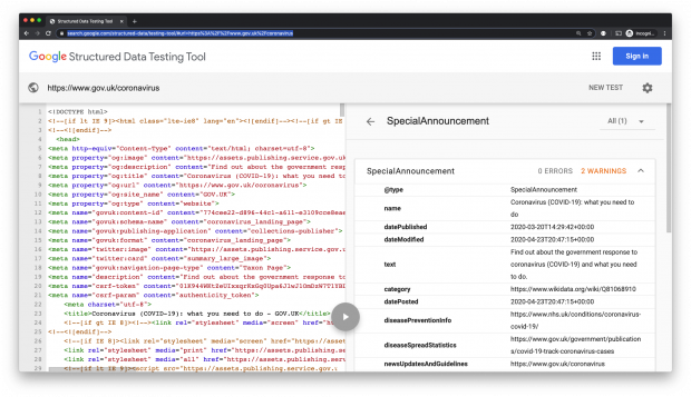 Screenshot of the SpecialAnnouncement schema being viewed in the Google Structured Data Testing Tool