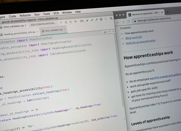 A laptop screen showing the code of the accessibility report next to the page on GOV.UK