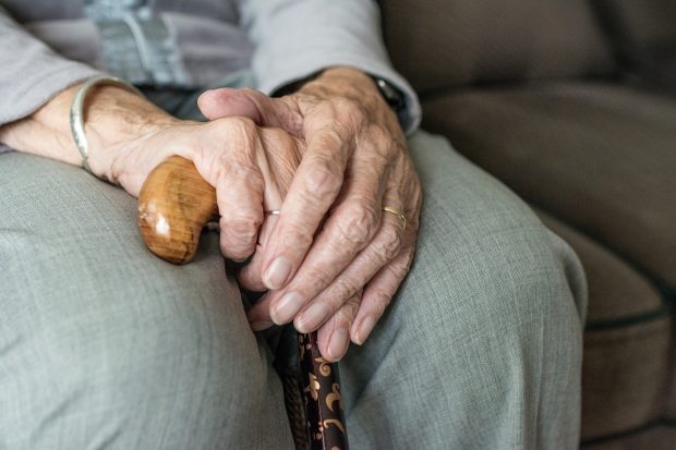 The hands of an older person, holding a walking stick