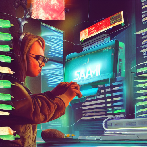 A cyberpunk-esque aesthetic to an image of a woman sat at a computer typing on a keyboard. On the screen looks to the word "spam".