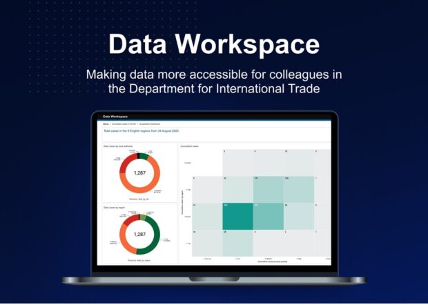 A laptop with the Department for International Trade's Data Workspace displayed. Some numbers and visualisations of data are shown. There is some text above the laptop that reads "Data Workspace: making data more accessible for colleagues in DIT"