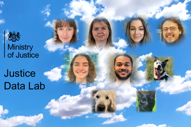 A photo composite of the six current members of the Justice Data Lab, along with three of their pets, two dogs and one cat. The members portrait photos are floating in clouds in a blue sky, to the right of the Ministry of Justice logo and the text ‘Justice Data Lab’.