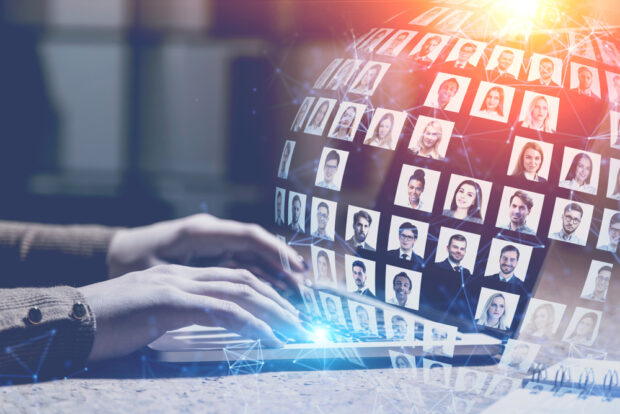 A graphic representing numerous people profiles across a digital network