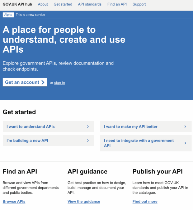 A screenshot of the GOV.UK API Hub homepage. The page headline reads ‘A place for people to understand, create and use APIs’. There are buttons to get an account or sign in, and sections titled ‘Get started’, ‘Find an API’, ‘API guidance’, and ‘Publish your API’, each with links to explore APIs, view guidance, or learn how to publish an API.