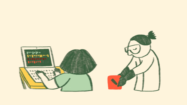 Two people are illustrated in a warm, cartoon style, one on the left and one on the right. The person on the left, who has their back to the viewer, and is typing on a laptop which is sitting on a table. They are white, their hair is shoulder length and dark, and they are wearing a green t-shirt. The computer screen is dark with rows of coloured squares representing programming. The person on the right looks similar but their hair is now tied back in a pony tail, and they are wearing a white lab coat and safety goggles. They are reaching down to lift up an orange hazard label which is about the size of a book. The label is an orange square with a black exclamation mark in the middle. The person looks like they are being careful as they lift it.