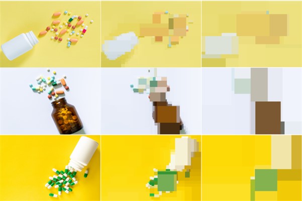 This picture is made up of 9 images in rows of 3. Each row shows a different image of a pill bottle spilling out pills onto a plain surface, on yellow or white backgrounds. On one side, the image is an original photograph. The next two iterations show it getting represented in progressively larger blocks of colour.